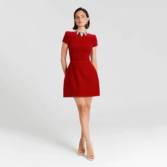 Red Dress with Embellished Collar - Picture 2 of 4